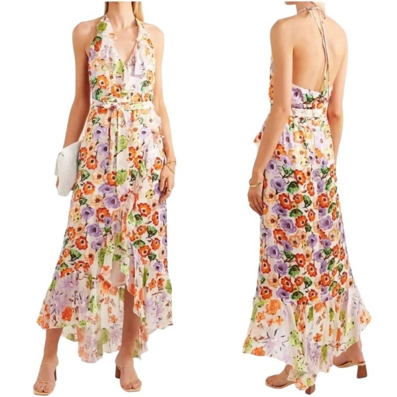 Alice + Olivia Evelia Ruffled Floral Asymmetrical Halter Maxi Dress Size 4 NWT - Picture 1 of 10